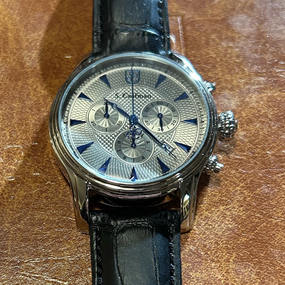 S Coifman Watch With 43mm Silver Chronograph Face & Black Leather Band